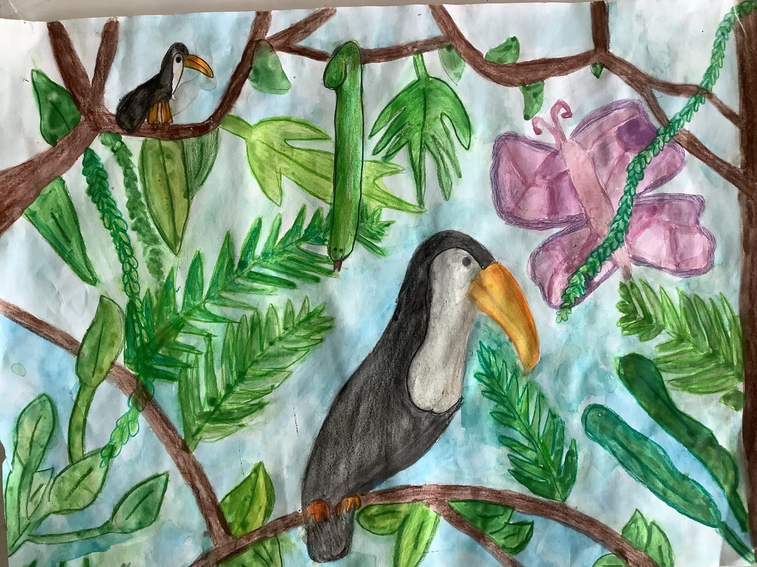 „Urwaldlandschaft“, Klasse 6a. (Inspiriert durch Bilder des Künstlers Henri Rousseau)