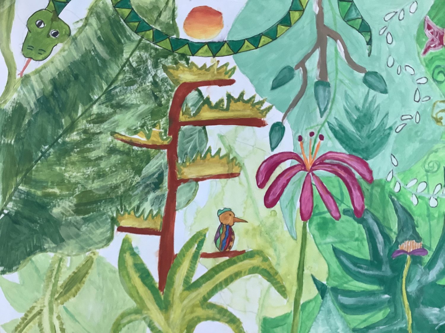 „Urwaldlandschaft“, Klasse 6a. (Inspiriert durch Bilder des Künstlers Henri Rousseau)